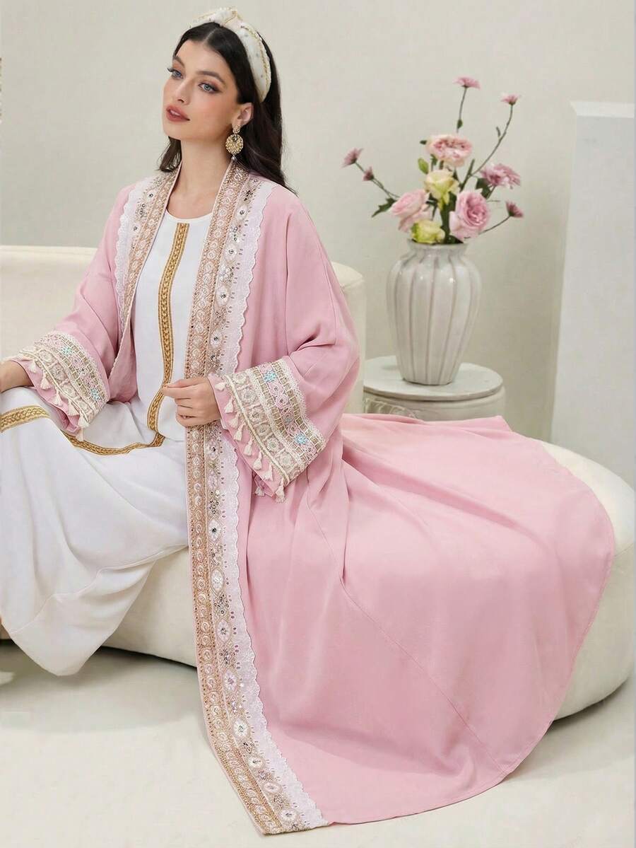 Loose Elegant Gold Embroidered Ribbon Abaya Dress Set For Teen Girls - Multicolor - View 1