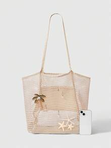 ROMWE Fairycore 1个手工编织手提包，饰以人造兰花和百合花，大容量单肩包，适合夏季度假和海滩使用（配件需要自行组装，天然海星颜色略有不同） - 多色A - 查看 5