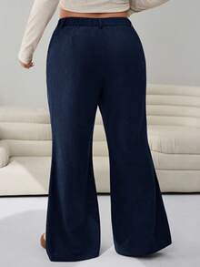 SHEIN EZwear 大码女式休闲喇叭灯芯绒裤，藏蓝色，适合秋冬季通勤、工作和上学穿着。 - 藏蓝色 - 查看 2