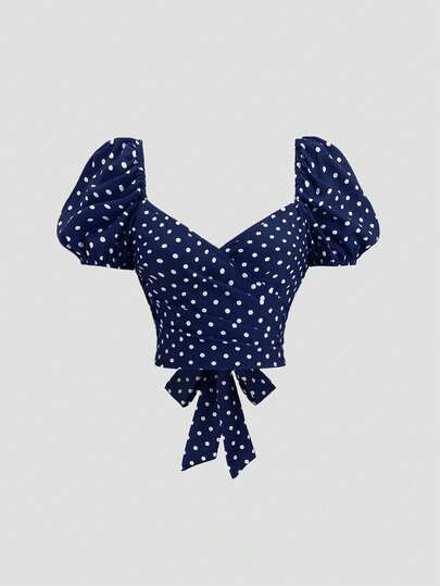 Sweetra Vintage Cute Red Polka Dot Print Puff Sleeve Bow Tie Blouse For Women, French Summer New Style
