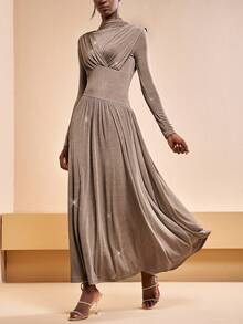 Zivah Winter Spring New, Music Festival, Easter, Western, Nomadic, Birthday Party, Holiday Dress, Party Dress, Elegant Dress For Women, Airport Outfits, Party, Holiday Outing, Elegant Banquet, Ball Gown, Street Fashion, Pleated Decor Fitted Waistline A-Line Midi Dress, Stretchy Knit, Shiny Knit Fabric Elegant Party Dress For Women - Brown - View 5