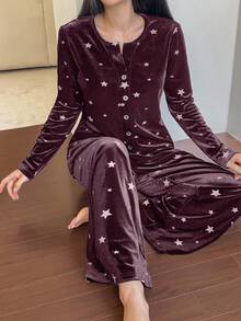 DAZY 2件套女士星形印花丝绒长袖开衫和长裤睡衣套装，秋冬款 - 淺灰紫 - 查看 4