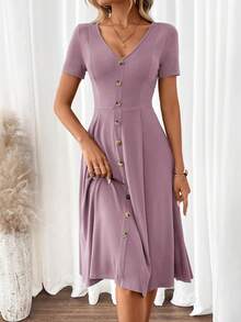SHEIN Clasi 女士优雅V领短袖A字绿色连衣裙 - 淺灰紫 - 查看 4