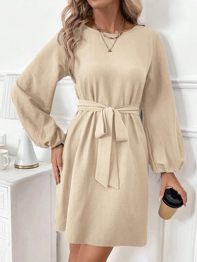 SHEIN Clasi Women's Long Sleeve Puff Sleeve Boat Neck Tie-Waist Bow Tie Short Brown Elegant Fashion Dress, Versatile All-Match Commuter Everyday Wear, Suitable For Spring, Autumn, Winter