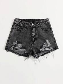 SHEIN Tall Women's Casual Washed Distressed Denim Shorts, Summer - Black - View 3