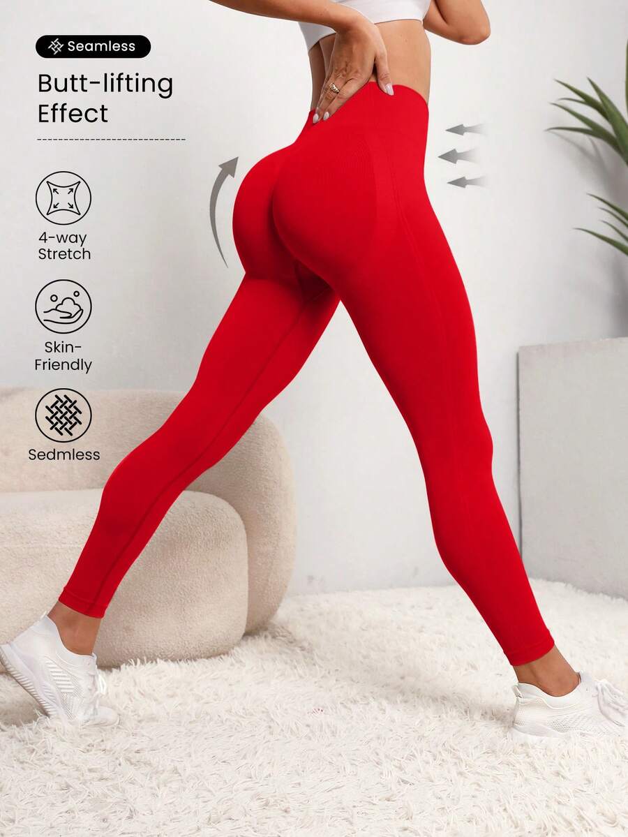 SHEIN Sports 女士弹力腰带休闲健身紧身裤 - 紅色 - 查看 1