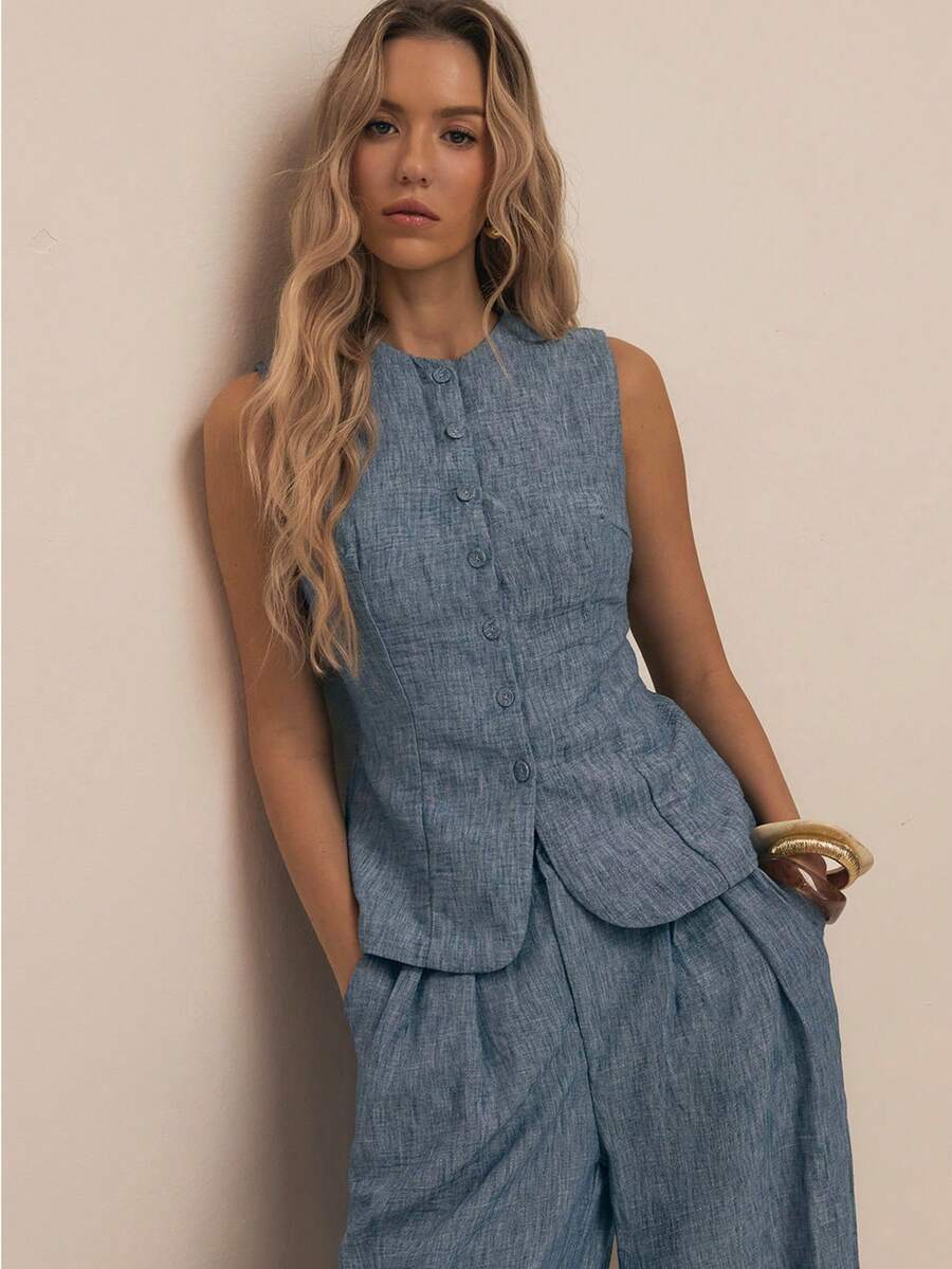 ATUI Studio 女式休闲纽扣前开无袖背心 - 藍色 - 查看 1
