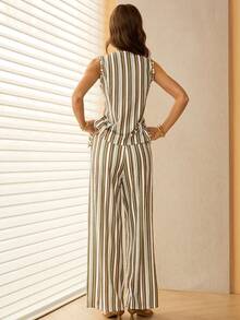 Lymera 春夏新款女士休闲时尚派对/通勤金属纽扣装饰设计，复古彩色条纹印花热销彩色条纹背心+裤子两件套 - 彩色 - 查看 2