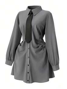 Rometta 大码优雅收腰褶皱衬衫裙 - 灰色 - 查看 4