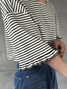 FRIFUL 女士休闲条纹宽松T恤，春夏百搭 - 黑與白 - 查看 1