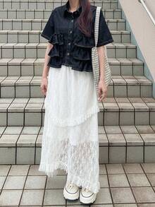 FRIFUL Áo kiểu nữ denim bạc màu, dáng suông, có bèo nhún ở gấu áo. - Màu xanh lam - Xem 2