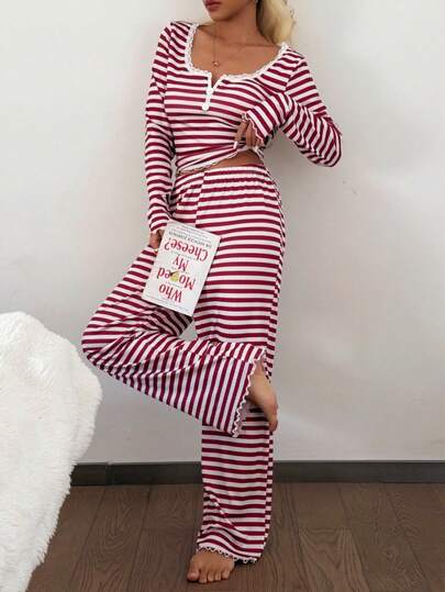 Spicy Aura Lace Trim Square Collar 2-Button Striped Print Long Sleeve Top & Pants PJS Pj Sets For Women, Long Sleeve Striped PJS Red Pj Set Women PJSs For Women