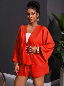 Slaydiva 2pcs/Set Plus Size Women's Music Festival Tie Front Long Sleeve Top And Shorts,Red And White,Autumn,Smart Casual,Vacation Orange Kimonos Yacht Outfit - Orange - View 6