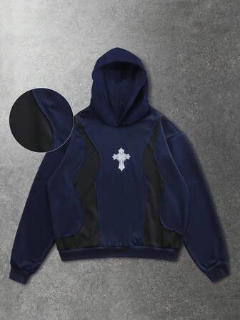 Men's Cross Print Color Block Pullover Hoodie