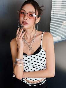 Rina Fox 2026 Women's Lace Patchwork Polka Dot Cami Top - White - View 3