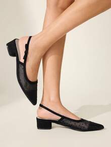 CUCCOO CHICEST Women's Pointed Toe Low Heel Black Polka Dot Mesh Elegant Breathable Slip-On Pumps Valentine's Day Elegant Shoes - Black - View 4