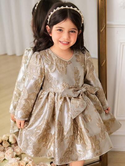 SHEIN Glamorique Kids Baby Girls' Princess Dress, Bow Decor Front, Long Sleeve, Light Khaki, Floral Jacquard Fabric, Elegant Party Dress, Suitable For Stage, Special Occasions, Performance, All Seasons