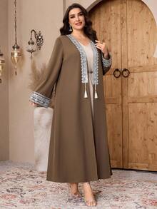 Al Najma Plus Size Women's Fashion Resort Style Sequin Lace Patchwork Tassel Decor Flare Sleeve Loose Arabic Abaya Robe - Army Green - View 6
