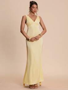 SHEIN BAE Đầm satin dáng đuôi cá màu vàng bơ, hở lưng, buộc dây, ôm sát, kiểu dáng thanh lịch, thích hợp cho bữa trưa, phù dâu, tiệc tùng, các dịp trang trọng, sinh nhật, ngày Valentine. - Màu vàng - Xem 3