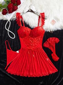 4pcs Set: Lace Contrast Mesh Polka Dot Tie-Up Babydoll Lingerie Dress, G-String, 2pcs Stockings, Sexy Party Outfit For Valentine's Day - Red - View 4