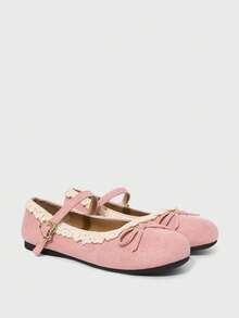 ROMWE Kawaii Women's Fashionable & Sweet Lace Trim Bow Decor Flats For Christmas Valentine's Day - Pink + white lace cloth - View 3