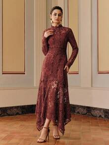 Anewsta Robe fourreau élégante, sexy et longue avec manches, dos nu et empiècements en dentelle pour femmes - Acajou - View 4