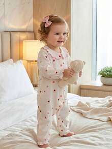 SHEIN Baby Girl 1pc/Cute And Casual Long-Sleeved Jumpsuit With Asymmetric Embroidered Collar And Textured Woven Heart Pattern For Baby Girls - Apricot - View 3