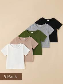 SHEIN Playful Pals 5件套婴儿/幼儿男童休闲舒适白色T恤，春夏款 - 彩色 - 查看 3