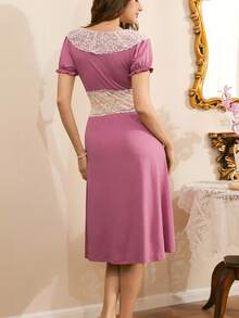 Côtesoire French Elegant Long Nightgown With Ruffled Lace Patchwork, Loose French Romantic Lace Patchwork Nightdress For Women - Dusty Purple - View 2