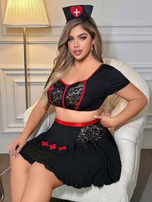 Plus Size Women's Contrast Lace Short Sleeve Top With Matching Headpiece, Lingerie Set