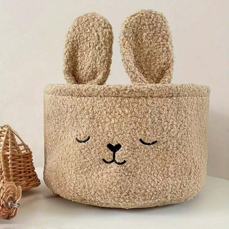 Coffee Fabric Cartoon Rabbit Plush Storage Basket | Embroidered Design, Can Store Snacks, Toys, And Cosmetics, Suitable For Bedroom, Desktop, And Car Interior Storage - Multicolor - View 1