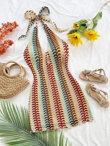 Soleia Women's Casual, Vacation, Beach Wedding Guest, Graduation, Brunch, St. Patrick's Day, Spring Break, Easter, Music Festival, Elegant Bohemian, Tropical Elegant Strapless, Open Shoulder, Backless, Office, Work, Halter, Striped Mini Dress - Multicolor - View 1