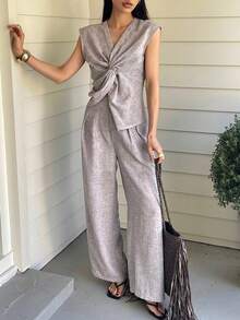 DAZY 女士V领扭褶设计短袖上衣搭配褶皱阔腿裤休闲套装 - 紫色 - 查看 4