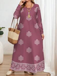 EMERY ROSE Soft Taro Purple, Traditional Elegant Dignified Gold Floral Print Plus Size Retro Print Long Sleeve Round Neck Women Dress, Suitable For Spring; Traditional Arabic Robe Dress Suitable For Spring/Summer Daily, Festivals, Outings, Elegant Long Sleeve Arabic Maxi Dress,Vacation - Multicolor - View 6