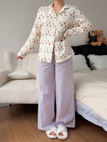 DAZY Bear & Ditsy Floral Top Paired With Striped Pajama Pants, Women Sleepwear Set - Beige - View 9
