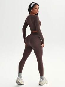 Dewbera Women's Solid Color Cropped Top And Leggings Sports Suit - Brown - View 5