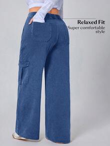 Flexra Plus Size Casual Washed Straight Leg Cargo Jeans - Medium Wash - View 2