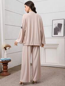 Graceveil Top à manches longues avec design de patch à fermeture éclair abricot + pantalon à taille élastique, ensemble de tenue élégante de style arabe pour femmes - Nude - Voir 3