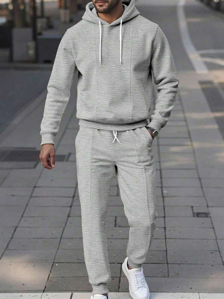 Manfinity Homme A113 男士休闲米白色卫衣和运动裤套装 灰色运动服 男士两件套运动套装 男士连帽衫套装 男士慢跑套装 男士运动套装 - 淺灰色 - 查看 1