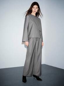 Lumivelle Women's Fashion Professional Round Neck Side Tie Batwing Sleeve Long Jacket + Straight Leg Pants 2 Pieces Set - Grey - View 7