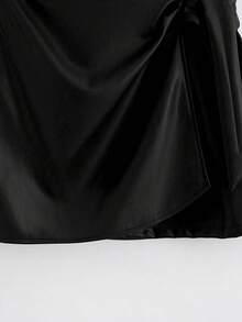 Franclia 优雅时尚短款褶裥可调节系带双层侧边隐形拉链PU皮酒红色女裙，秋冬款