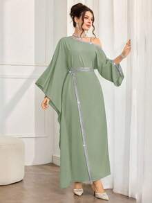 Al Najma Đầm nữ thanh lịch phối ren và ruy băng kiểu Ả Rập, thích hợp cho mùa thu. - màu xanh lá - View 4