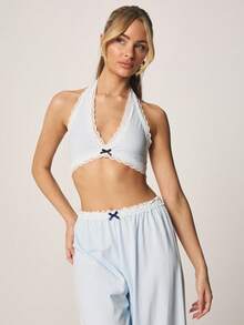 MISSGUIDED Áo ngực bralette cổ yếm viền ren với đường viền cổ chữ V sâu và chi tiết nơ đen trang trí. - Màu xanh lam - Xem 4