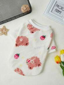 PETSIN 1件粉色熊头草莓印花宠物服，秋冬季加厚保暖法兰绒宠物衣服 - 白色 - 查看 5