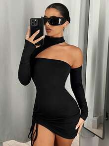 SHEIN ICON Robe Moulante À Col Asymétrique De Couleur Unie Avec Cordon De Serrage À La Taille - Noir - Voir 5