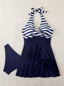 Swim Lushoire 2026 New Arrival Hot Selling Navy Blue Striped Patchwork Solid Color Dress With Drawstring, Mature Fashionable Resort Elegant Slimming Tankini Swimsuit For Women, Suitable For Party, Beach, Vacation - Navy Blue - View 5