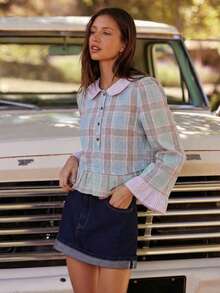 WESTFADE Mixed Plaid & Gingham Collared Button Front Tiered Ruffle Boxy Fit Top Fall, Autumn, Winter, Boho, Casual, Cute, Western Wear, Country - Baby Blue - View 3