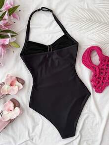 少女印花金属装饰挂脖连体泳衣 - 黑色 - 查看 2
