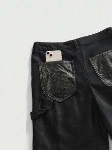 ROMWE MEN Essentials Men's Casual Pockets Faux Leather Patchwork Denim Cargo Shorts Spring/Summer - Black - View 5