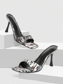 CUCCOO SZL 夏季方头斑马纹细高跟凉鞋，复古性感风，方头加细高跟拉长腿部线条，外出必备，吸睛派对装扮 - 黑與白 - 查看 2